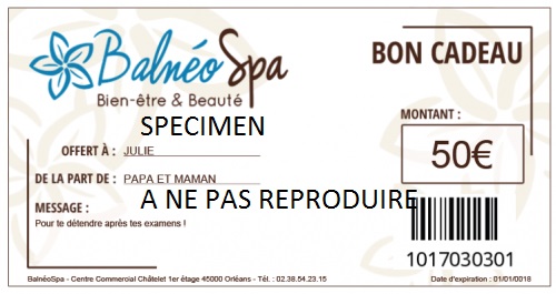 Exemple Bon cadeau - Institut BalnéoSpa Orléans - Beauté Bien-être Détente Massage Relaxation Modelage UV